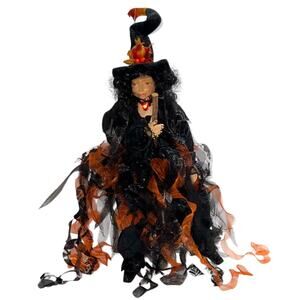 16" Halloween Witch On Broom Figurine Fabric Orange/Black